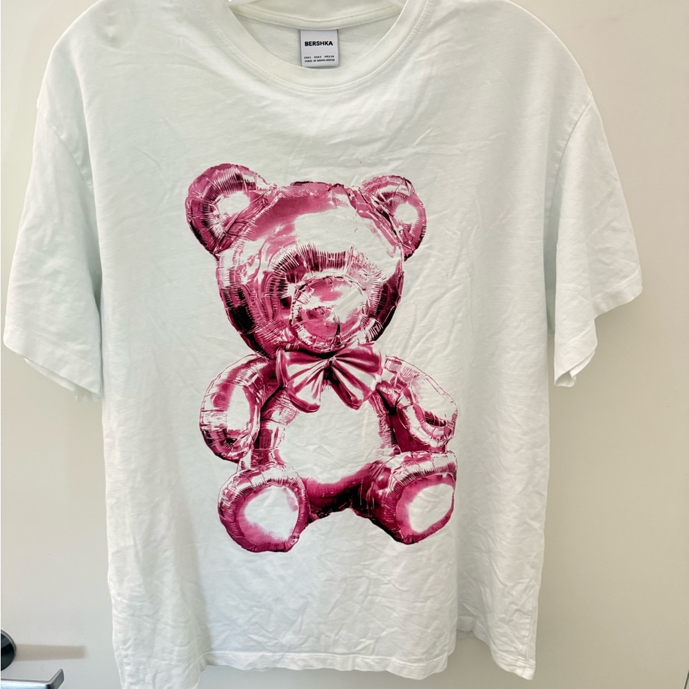 Bershka  White T-Shirt with Pink Bear Design